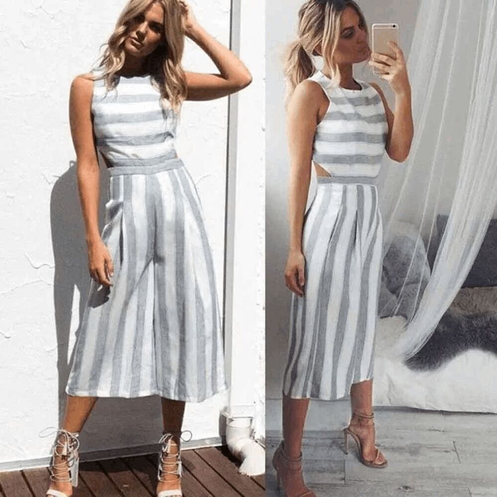 FancyInn Preowned Women's Back Zip Sleeveless Striped Jumpsuit White Gray Size M